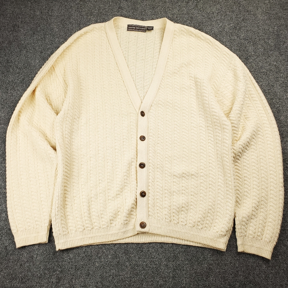 Vintage David Taylor Cardigan Sweater Mens Large Beige Knit Kurt Cobain Grunge
